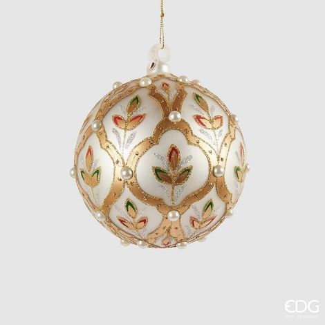 EDG Enzo De Gasperi Addobbo Natale Palla Vetro Fiori D 10 Cm White Gold 1 Pz