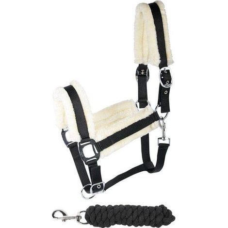 Set schwarzes Ponyhalfter Größe S aus weichem Fellstrick zum Reiten (1/3)