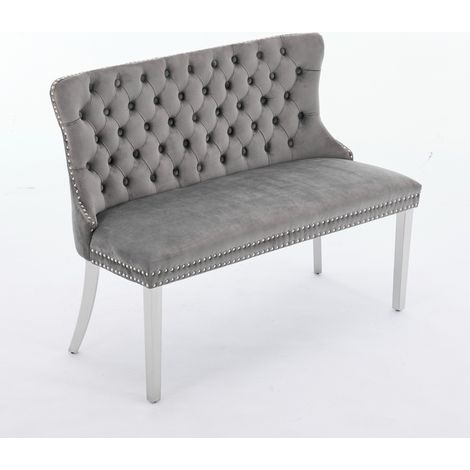 Banc double de salle à manger en velours, assise cuisine et salle à manger, banc capitonné 2 places avec boutons faits main, dossier aile, pieds en acier inoxydable brossé argent, style moderne du mil (1/5)