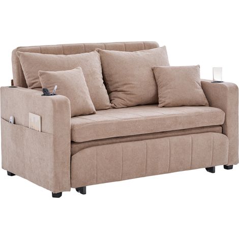 Divano letto multifunzionale in chenille color kaki con USB, portabicchieri e tasche laterali (1/5)