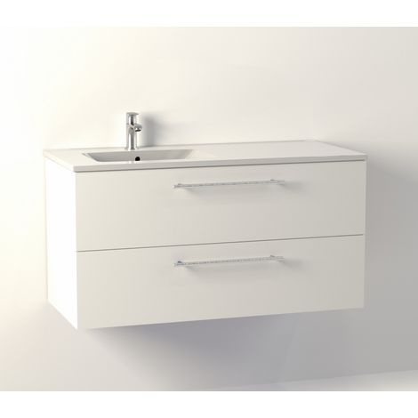Sanitaire – Meuble de salle de bain NEPTUNE blanc brillant 100 cm – Vasque décentrée à gauche – 2 tiroirs avec ralentisseurs – Corps en PPSM (1/5)