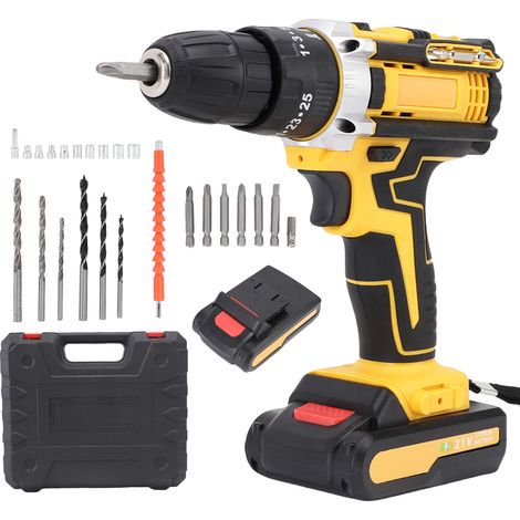 Perceuse visseuse à choc sans fil 21V ensemble 3 en 1 outils électriques couple 35N.m régime 1280 tr/min variateur vitesse perçage Ø10mm 2 batteries éclairage LED tournevis auto EU 110-240V (1/5)