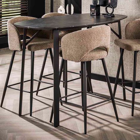 M&S – Table de bar ovale 140x75x92 cm – Plateau en résine imitation céramique grise – Pieds en acier pour stabilité – Aménagement intérieur moderne