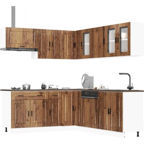 Ensemble meubles de cuisine 11 pièces en bois d’ingénierie et verre, finition vieux bois - PANGIVO (1/5)