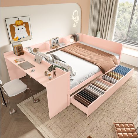 Cama doble (242x164x73 cm), con escritorio integrado, 2 cajones ocultos, 3 estantes, madera de pino, rosa (1/5)