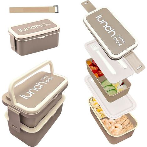 BelleRise - 1400ml Boite Repas Compartiment, Lunch Box Intégrées à 2 Couches, Bento Lunch Box Anti-fuite avec Couverts pour le Travail, Gris (1/5)