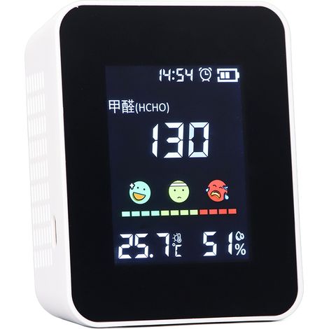 Moniteur de qualité de l'air intérieur 5 en 1 (5 V) avec détection de formaldéhyde, thermomètre, hygromètre, horloge et alarme (1/5)