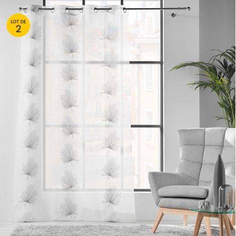 Lot de 2 Voilages a oeillets 140 x 240 cm voile sablé brodé Palmaris Gris (1/5)