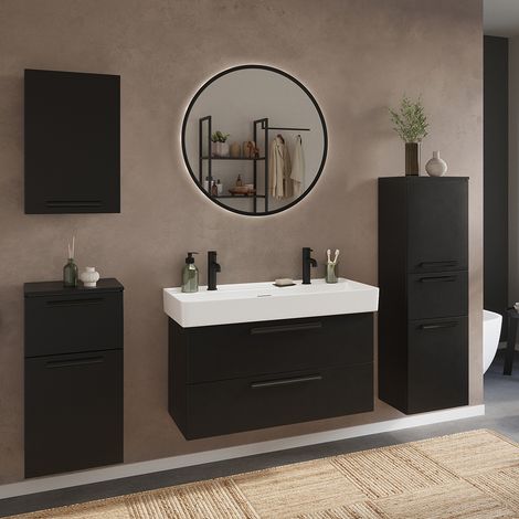 Badmöbel Komplett Set in schwarz, LED-Spiegel rund und Waschtisch 2 Softclose Schubladen - ATELLA-03 (1/5)
