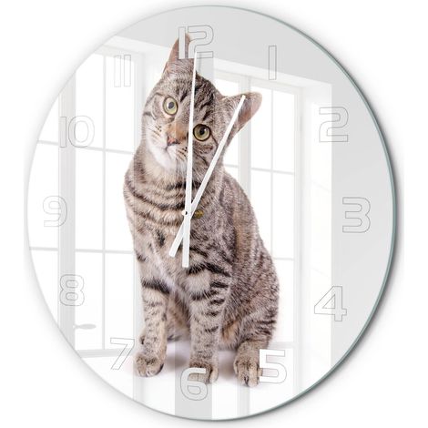 Horloge Murale Ronde Décorative Chambre Verre Trempé Silencieuse Sans Tic-Tac Chat fi 60 cm (1/5)