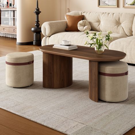 Ensemble table basse avec 2 poufs - 108x50x44cm - table de salon ovale et tabourets rembourrés gain de place design moderne - mdf et bois de pin - marron noyer (1/5)