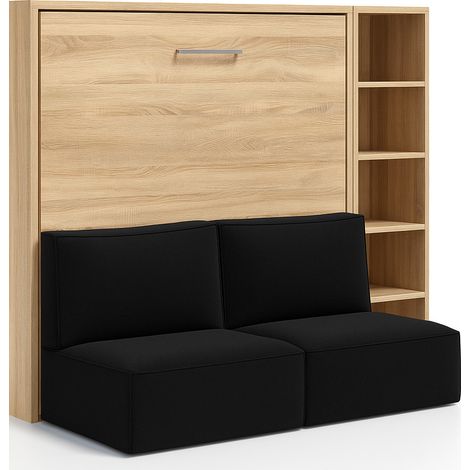 Lit escamotable 140x200 avec canapé tissu Logia-Canapé Noir-Structure et Façade Cambrian-Version lit+canapé+étagère (1/5)
