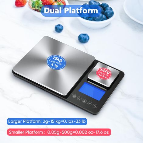 Bilancia da cucina digitale a doppia piattaforma, precisione di 1 g e 0,01 g, capacità di 15 kg e 500 g, ideale per la panificazione, la cottura, la lievitazione e la creazione di gioielli, con funzio (1/4)