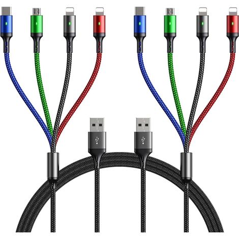 1.2M Câble de Charge Multi USB 3A, Cordon de Chargeur 4 en 1 avec Ports IP/Micro USB/Type C pour Téléphone 12 11 Xs X 8 7 6/Tablettes/ S10