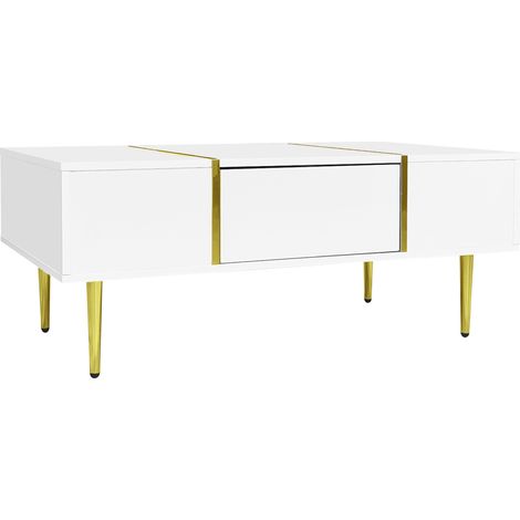 Tavolino da salotto bianco lucido con 2 cassetti, MDF e dettagli metallici dorati (1/5)