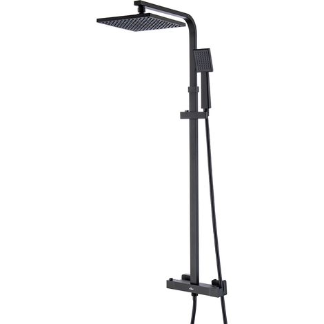 Columna Ducha con Termostática Negro, Auralum Conjunto de Ducha con Termostática Mezclador de Latón, con Rociadores de ducha 25cm y Ducha de Mano, Barra de ducha Ajustable a 97-130 cm (1/5)