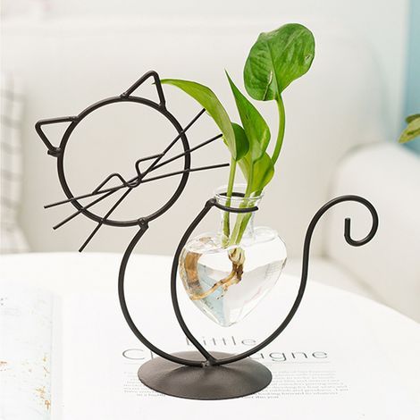 Vaso decorativo in ferro battuto a forma di gatto per coltivazione idroponica. (1/5)