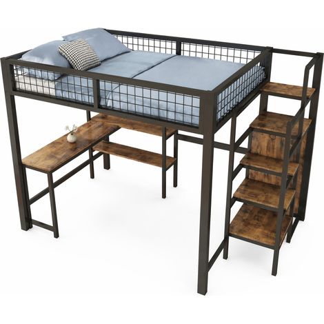 Lit mezzanine 140 x 200 cm avec bureau, étagères, armoire intégrée, structure métal et MDF noir et marron pour chambre gain de place - CHICFURN (1/5)