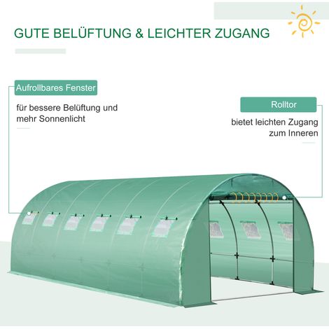 Film de couverture pour serre Outsunny 3x6 m, bâche polyéthylène étanche avec porte enroulable, 12 ouvertures, anti-UV, voile horticole résistant pour tunnel de culture, jardin, abri extérieur, vert