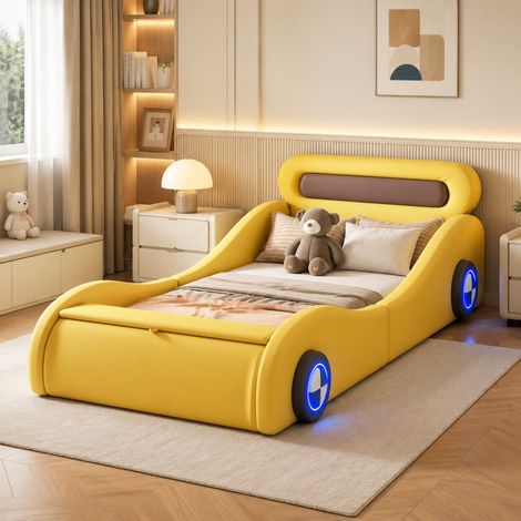 Letto auto per bambini 90x200 cm in PU giallo, con contenitore, senza materasso FloraGrace (1/5)