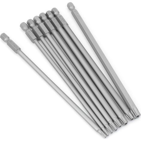 Lot de 8 embouts Torx longs - 1/4" - Magnétiques - Tête d'étoile - 150 mm de long - Tige hexagonale - Jeu d'outils électriques Torx (8 pièces de 150 mm) (1/4)