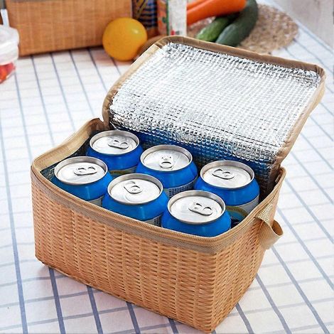 Sac de pique-nique en rotin tressé imperméable pour le camping, panier de pique-nique, boîte à lunch isotherme kaki (1/5)