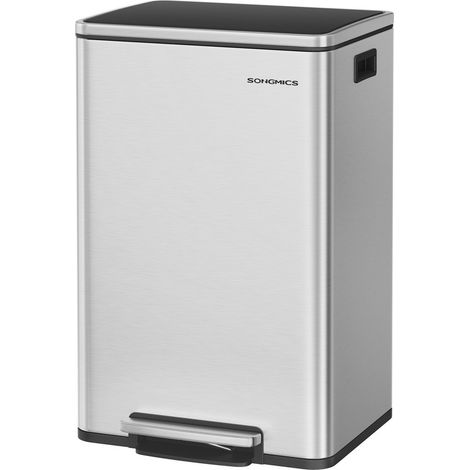 Poubelle de cuisine de 50 L, avec 15 sacs poubelle, en acier inoxydable, seau intérieur amovible en plastique, avec couvercle, poignées, fermeture amortie, argent (1/5)