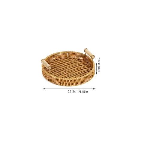 Panier de service rond et rectangulaire fait main en rotin anti-rotin - Support rond tressé pour pain, fruits, bol, plateau décoratif plat en osier pour bonbons, plateau rustique (petit modèle rond)