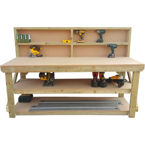 MDF top workbench (H-90cm, D-70cm, L-150cm) with back panel and double shelf