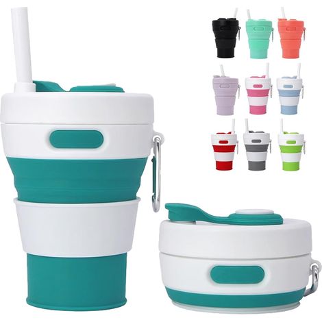 Gobelet Pliable Silicone 450ml,Couvercle Étanche, Poignée Anti-Brûlure&Mousqueton - Plie à 6cm,Lavable Lave-Vaisselle - Randonnée,Camping,Sport(Bleu Paon) (1/5)