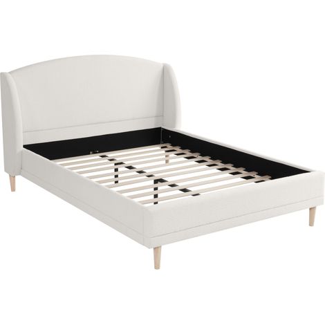 Cama capitoné bouclé blanco marfil 140x190 cm, cabecero orejero, somier de láminas (1/5)