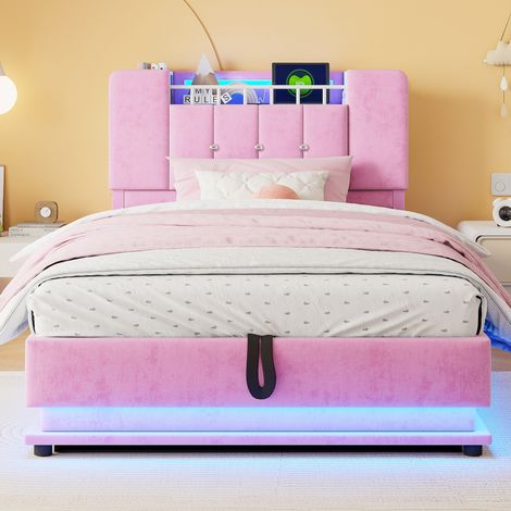 DESVIAE Lit enfant rembourré avec led usb rangement hydraulique 90 x 200 cm rose métal mdf tissu (1/5)