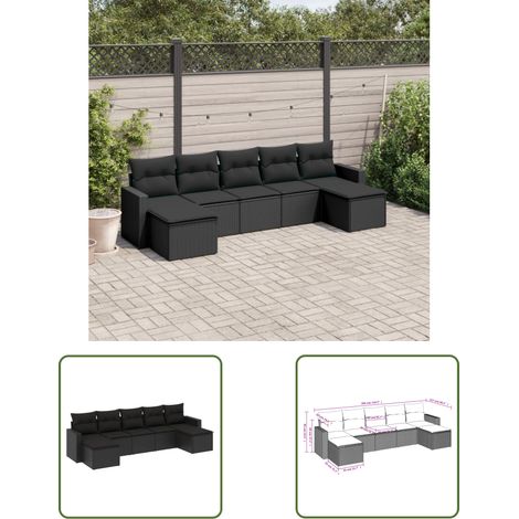 The Living Store Salon de jardin 7 pcs avec coussins noir résine tressée - Salon De Jardin - Mobilier De Jardin - Salon Extérieur - Set De Canapé - Résine Tressée (1/3)
