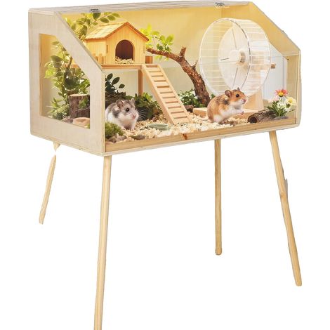 Jaula para hámster, de madera, 80 cm x 40 cm x 100 cm, apta para hámsteres sirios y jerbos, con lecho profundo prefabricado y apertura superior. (1/5)