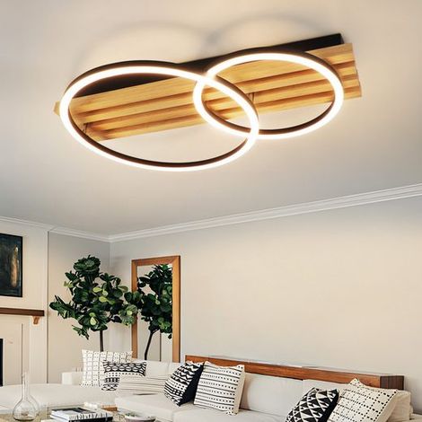 GBLY Plafón LED Madera 55cm Regulable 36W 2 Anillos Geométrico Moderno Mando a distancia Salón Dormitorio Cocina Comedor Oficina