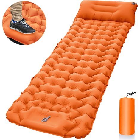 Faltbare, aufblasbare Campingmatratze mit Fußpumpe (orange) (1/5)