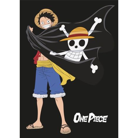 Plaid 110 cm x 150 cm One Piece - Luffy qui sourit et tire son drapeau pirate (1/3)