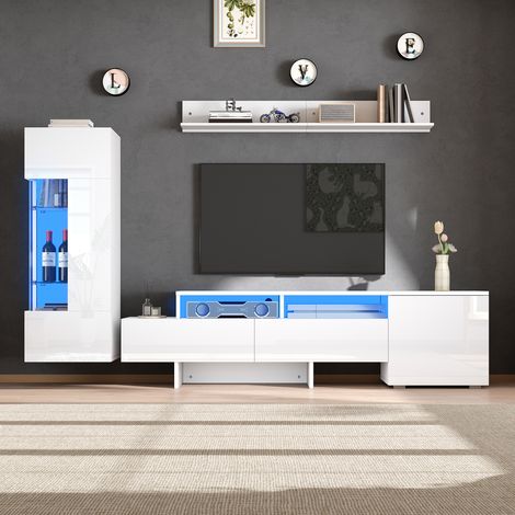 Mobile TV da parete 3 pezzi 170 cm bianco in legno con LED FloraGrace (1/5)