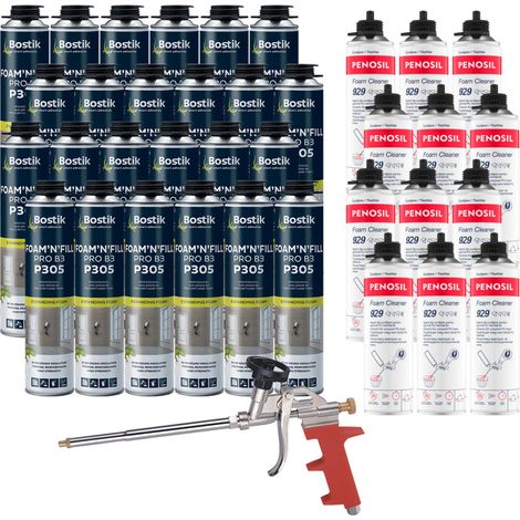 Pack 24 Mousses PU BOSTIK P305 FOAM'N'FILL PRO B3 Pistolable 750 ml + 1 Pistolet + 12 Nettoyants