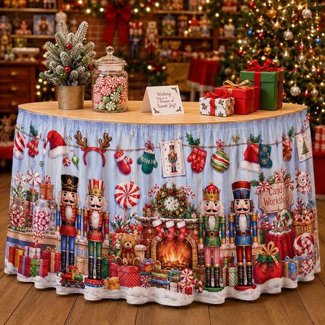 Nappe de Noël style 2026 pour décorations de fête de famille - Tissu décoratif en polyester imprimé bonhomme de neige et sapin de Noël - 180 x 75 cm - 8 pièces