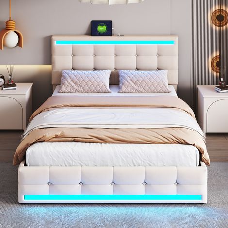 Lit rembourré 140  200 LED avec 4 tiroirs et 2 stations de charge USB, cadre de lit avec tête et pied de lit LED, lit plateforme rembourré avec rangement, tissu en lin beige