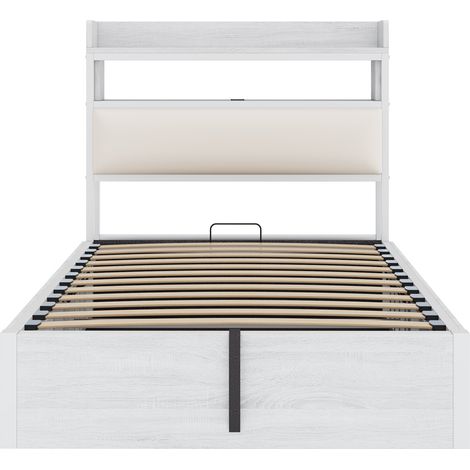 Letto contenitore 90x200 cm con USB e testiera imbottita, legno e metallo, bianco HOMVRA (1/5)