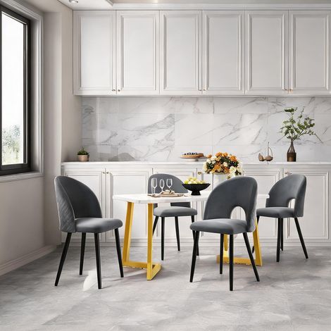 Ensemble de table et 4 chaises en velours gris et métal doré (1/5)