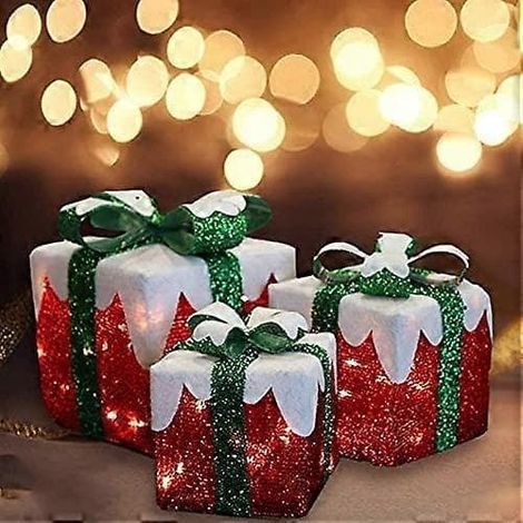 Lot de 3 boîtes cadeaux LED avec nœud vert, boîtes cadeaux de Noël, décorations de fête (1/5)