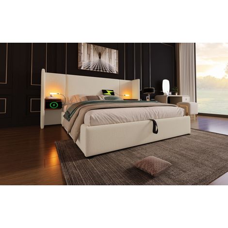Polsterbett 160x200 cm aus Leinen in Beige, mit Stauraum, Kopfteil mit Regal, Leselampe, USB/Type-C und Matratze (1/5)