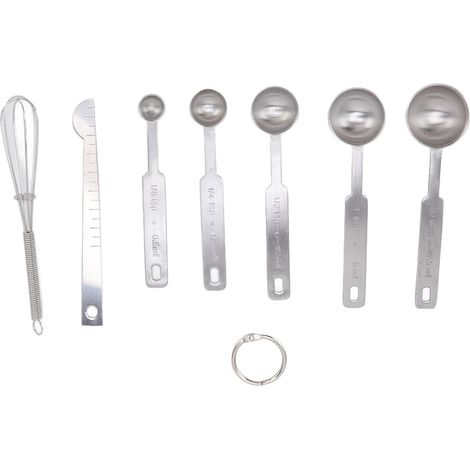 Cuillères doseuses 7 en 1 en acier inoxydable, empilables, avec niveleur et fouet à œufs, argentées (1/5)
