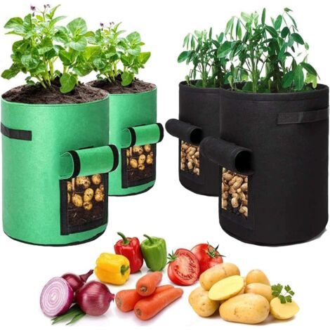 Geotextil-Pflanzbeutel, 4 Kartoffel-Pflanzbeutel (2 Stück 10 Gallonen, 2 Stück 7 Gallonen), Kartoffeltopf mit Fenster, zum Pflanzen von Kartoffeln, Tomaten