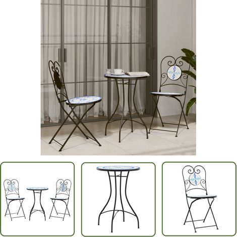 The Living Store Mosaik-Bistro-Set Blau und Weiß Eisen und Keramik - Gartentisch - Bistroset - Outdoor Möbel - Terrassenmöbeln - Esszimmergarnitur (1/5)
