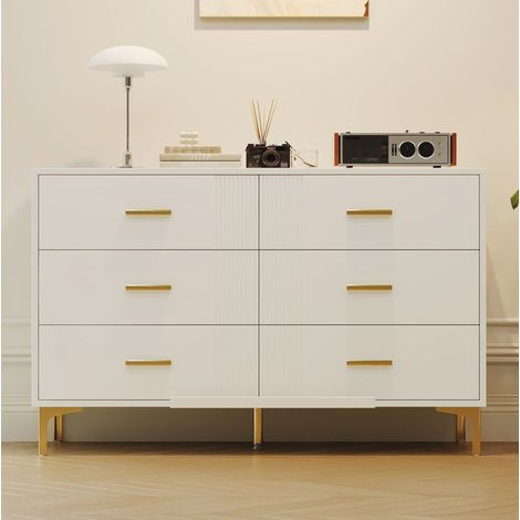 Commode 120x40x76 cm blanche en MDF avec 6 tiroirs et façade rainurée (1/5)