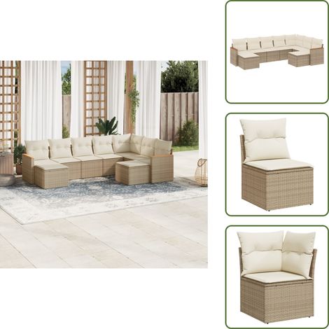 The Living Store Salon de jardin avec coussins 9 pcs beige résine tressée - Ensemble Salon De Jardin - Mobilier De Jardin - Canapé Extérieur - Chaise Longue - Set Salon Exterieur